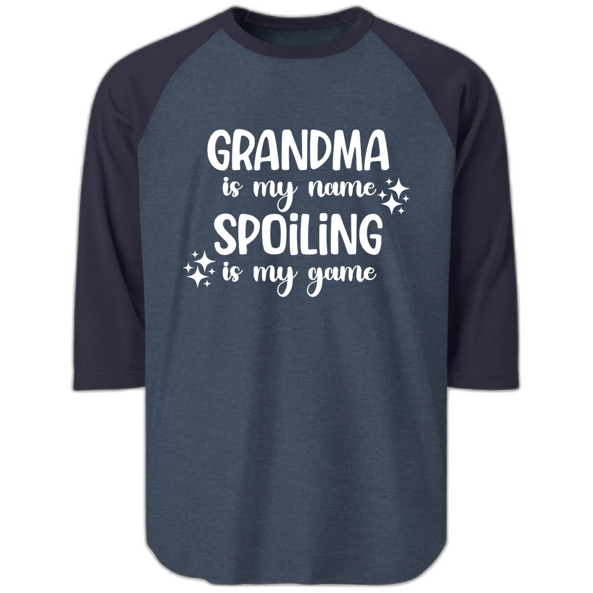 Grandma Is My Name Spoiling Is My Game Raglan 3/4 in Heather Denim Navy